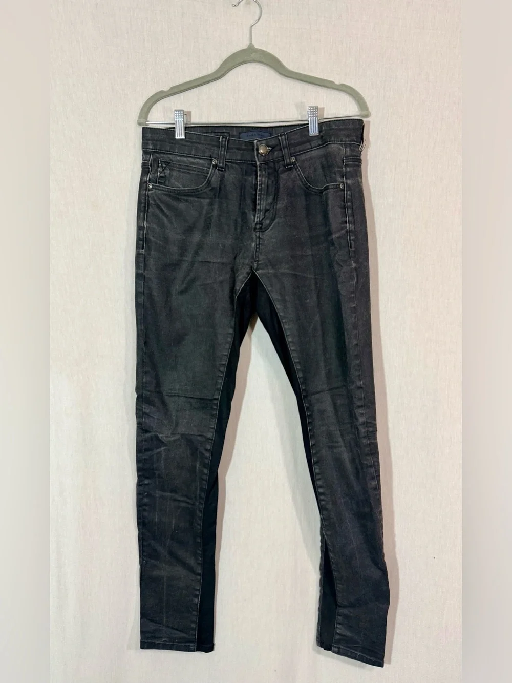 Zara Man 30 Men's Black Slim Fit Jeans coated denim with pannel